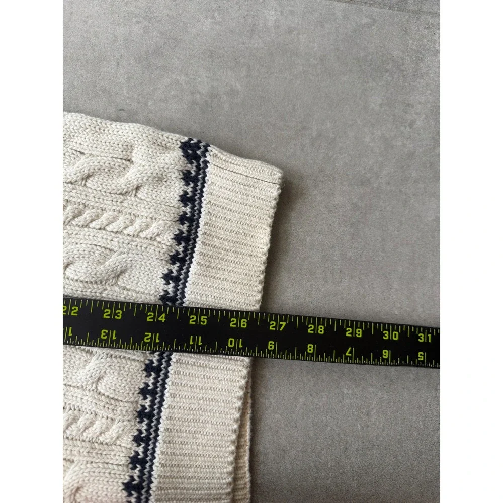 Vintage Banana Republic Mens Cream Cable Knit V-Neck Cotton Sweater Navy Trim M